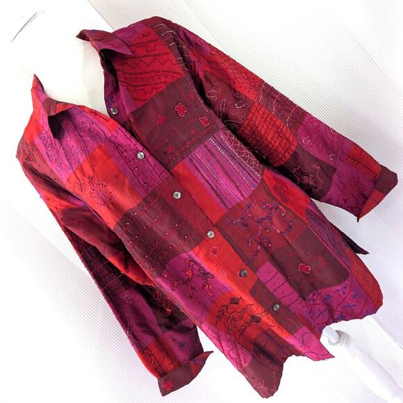 NWOT! CHICO'S! SILK! SHADES OF RED PATCHWORK BEAD/EMBROIDER TOP JACKET! SZ 10/12 - Picture 10 of 10